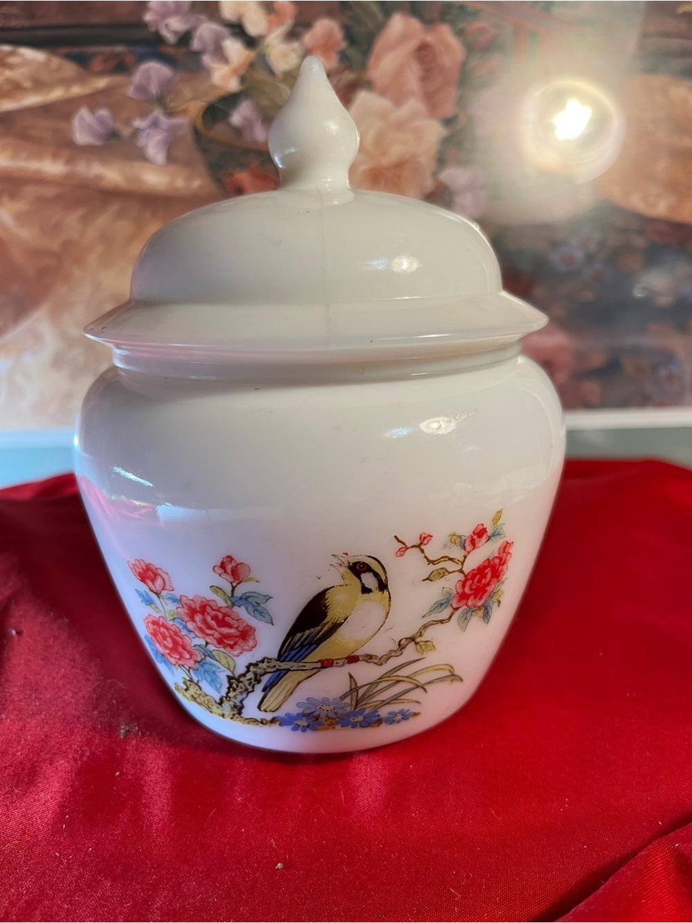 White Decorative Porcelain Jar with Bird and Floral Motif